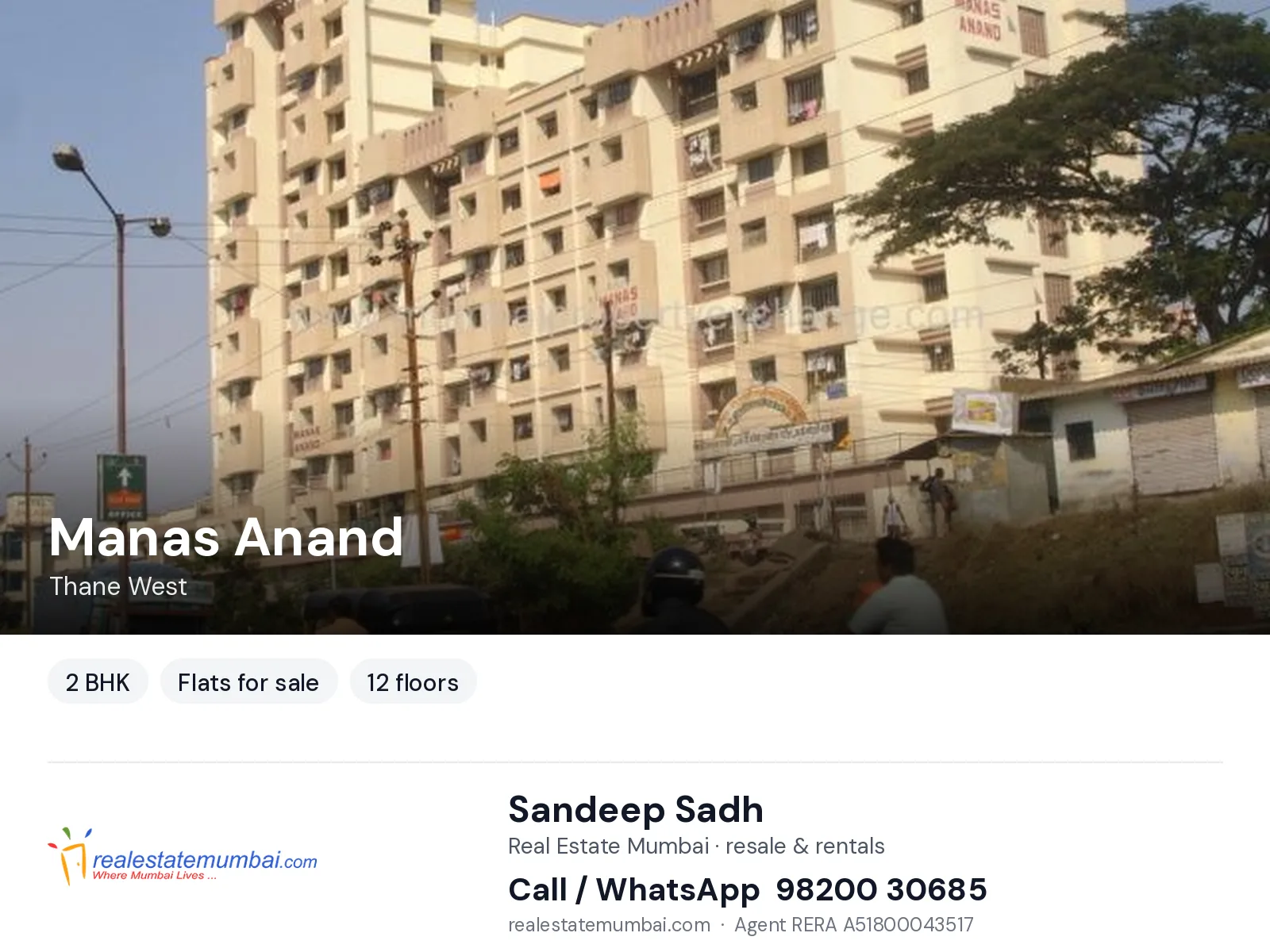 Manas Anand, Thane West — 2 BHK flats for sale | Real Estate Mumbai, Sandeep Sadh 98200 30685