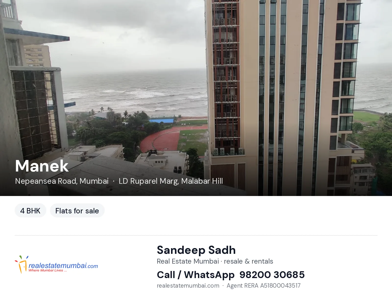 Manek, Nepeansea Road, Mumbai — 4 BHK flats for sale | Real Estate Mumbai, Sandeep Sadh 98200 30685