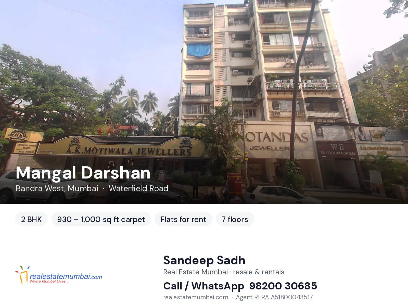 Mangal Darshan, Bandra West, Mumbai — 2 BHK flats for rent | Real Estate Mumbai, Sandeep Sadh 98200 30685