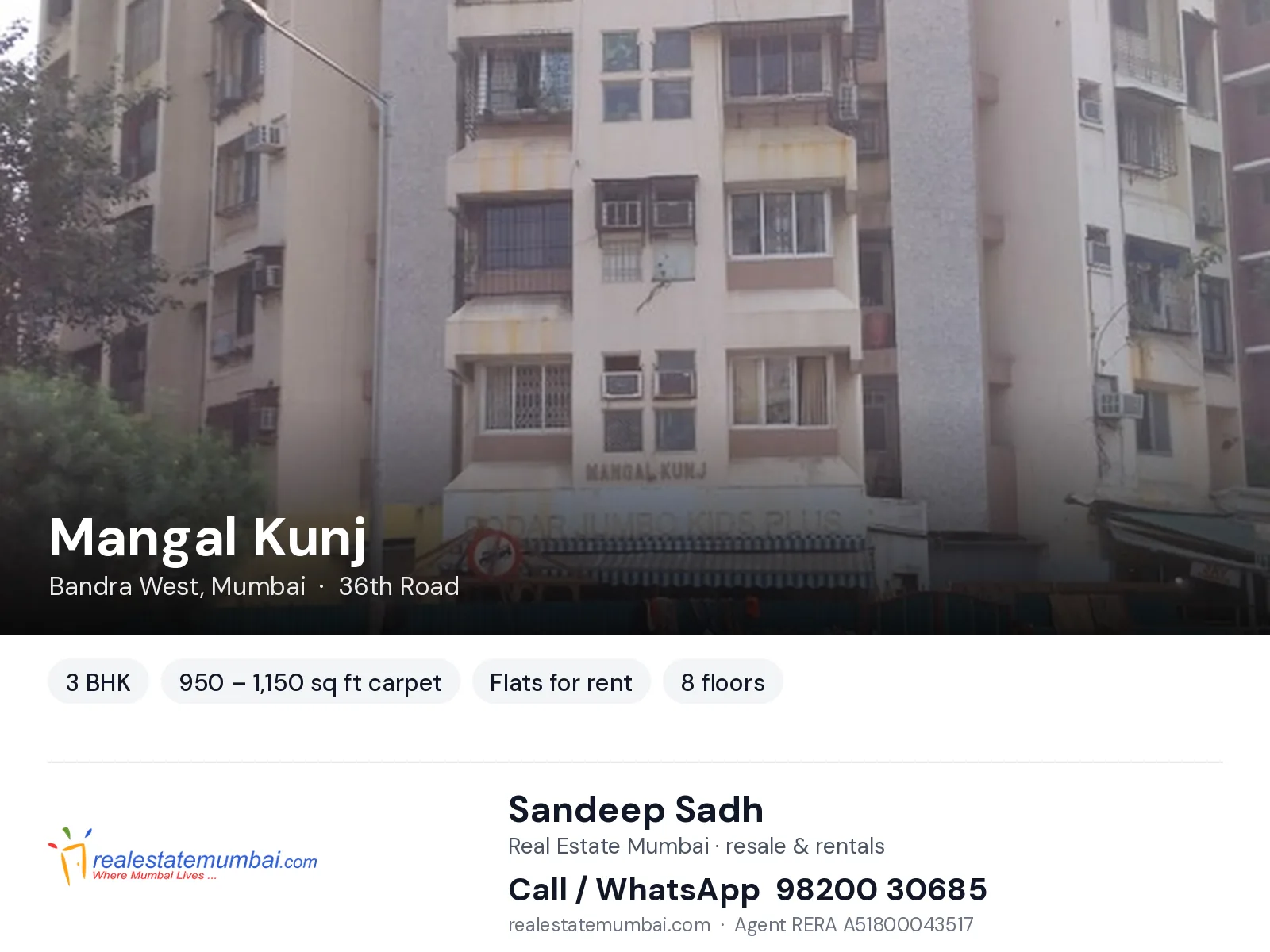 Mangal Kunj, Bandra West, Mumbai — 3 BHK flats for rent | Real Estate Mumbai, Sandeep Sadh 98200 30685