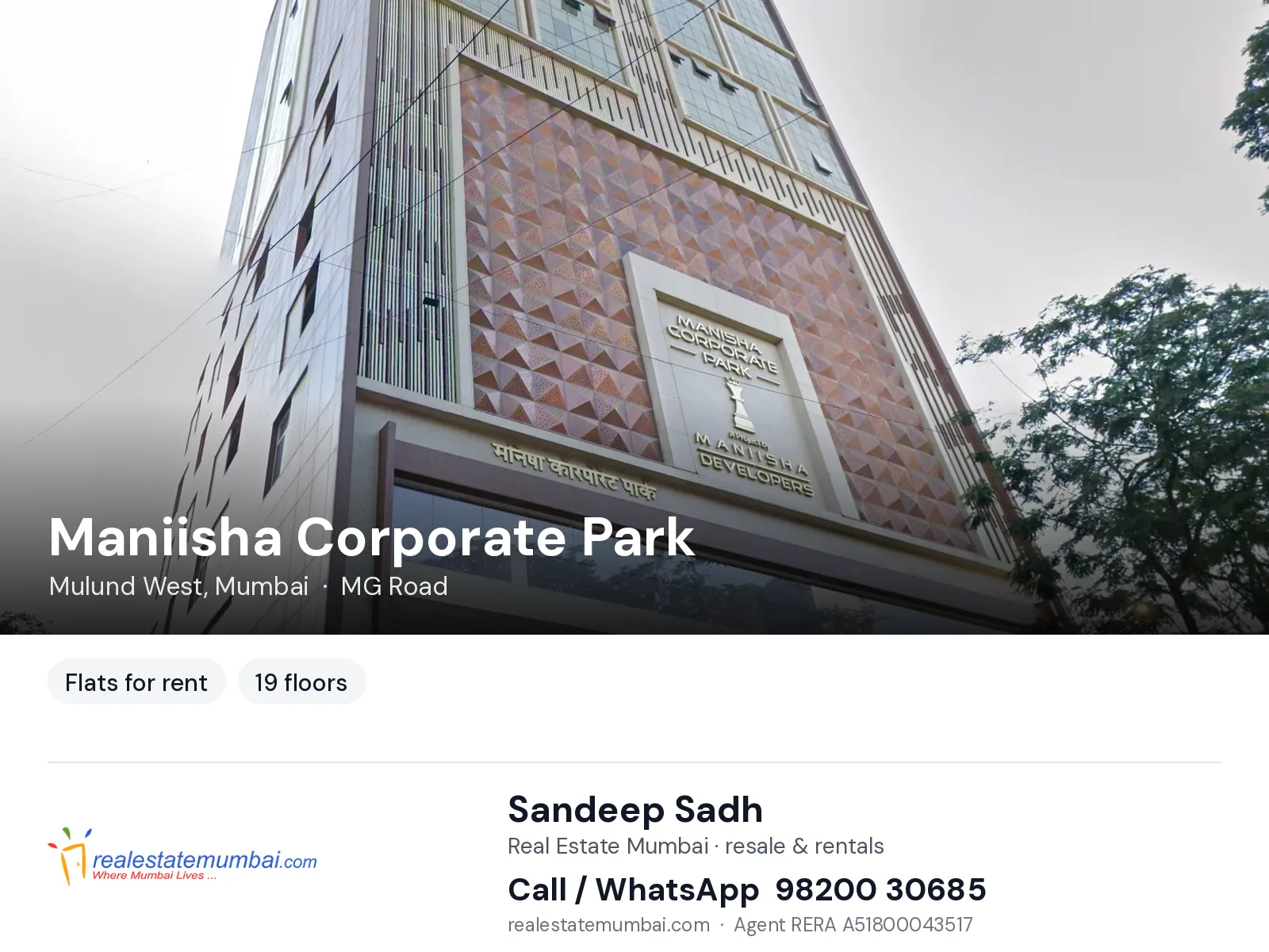 Maniisha Corporate Park, Mulund West, Mumbai — flats for rent | Real Estate Mumbai, Sandeep Sadh 98200 30685