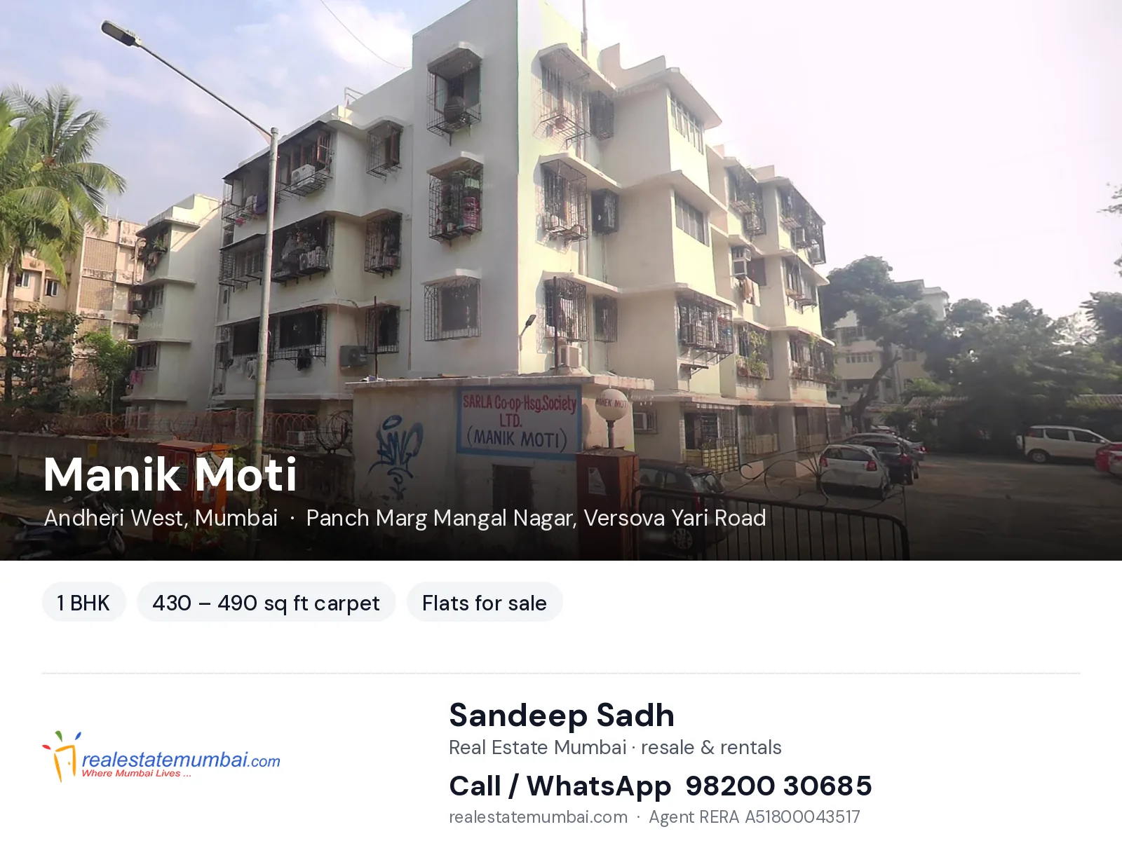 Manik Moti, Andheri West, Mumbai — 1 BHK flats for sale | Real Estate Mumbai, Sandeep Sadh 98200 30685
