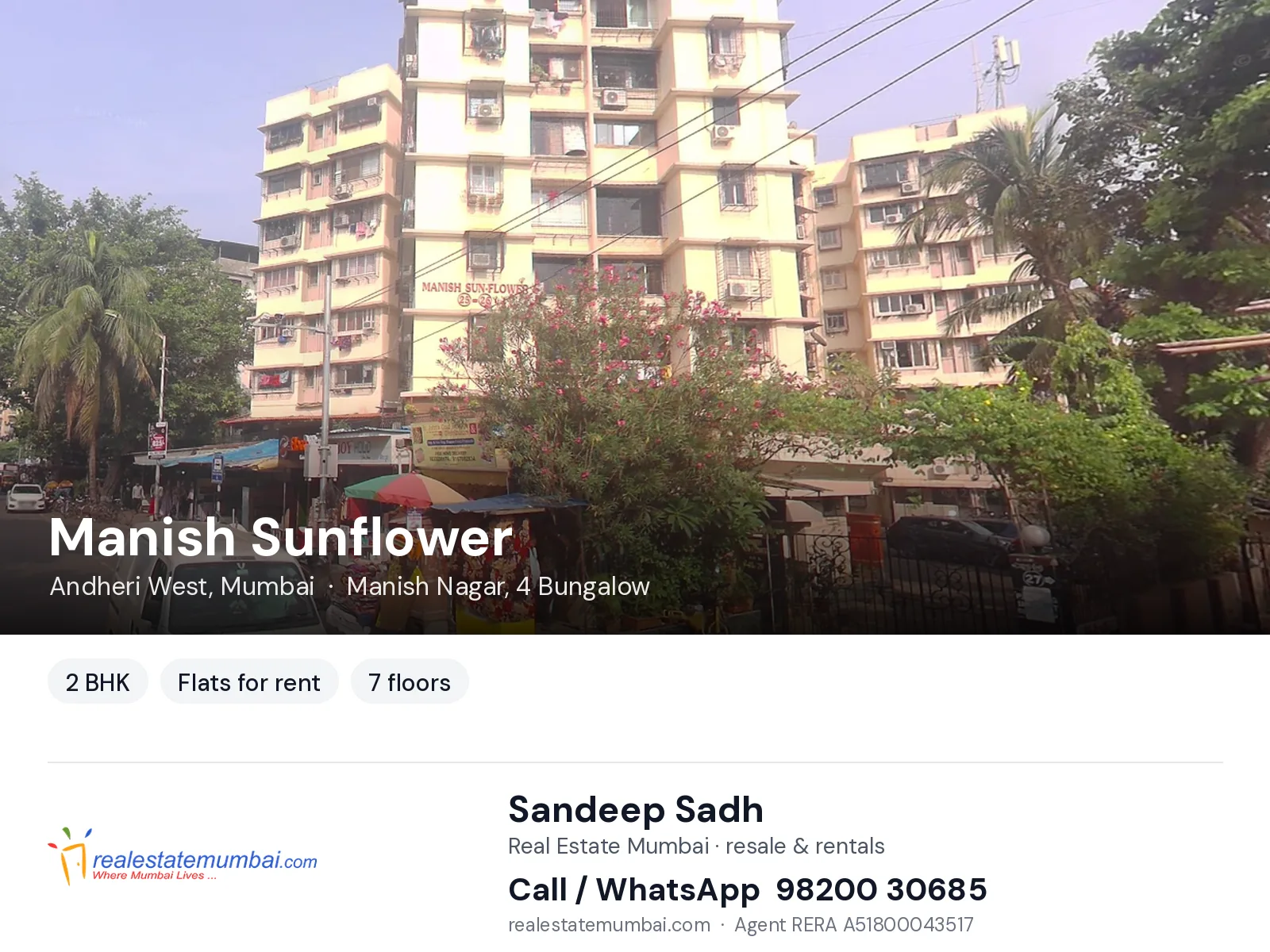 Manish Sunflower, Andheri West, Mumbai — 2 BHK flats for rent | Real Estate Mumbai, Sandeep Sadh 98200 30685