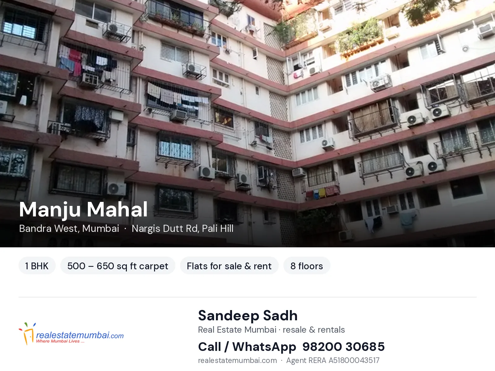 Manju Mahal, Bandra West, Mumbai — 1 BHK flats for sale & rent | Real Estate Mumbai, Sandeep Sadh 98200 30685