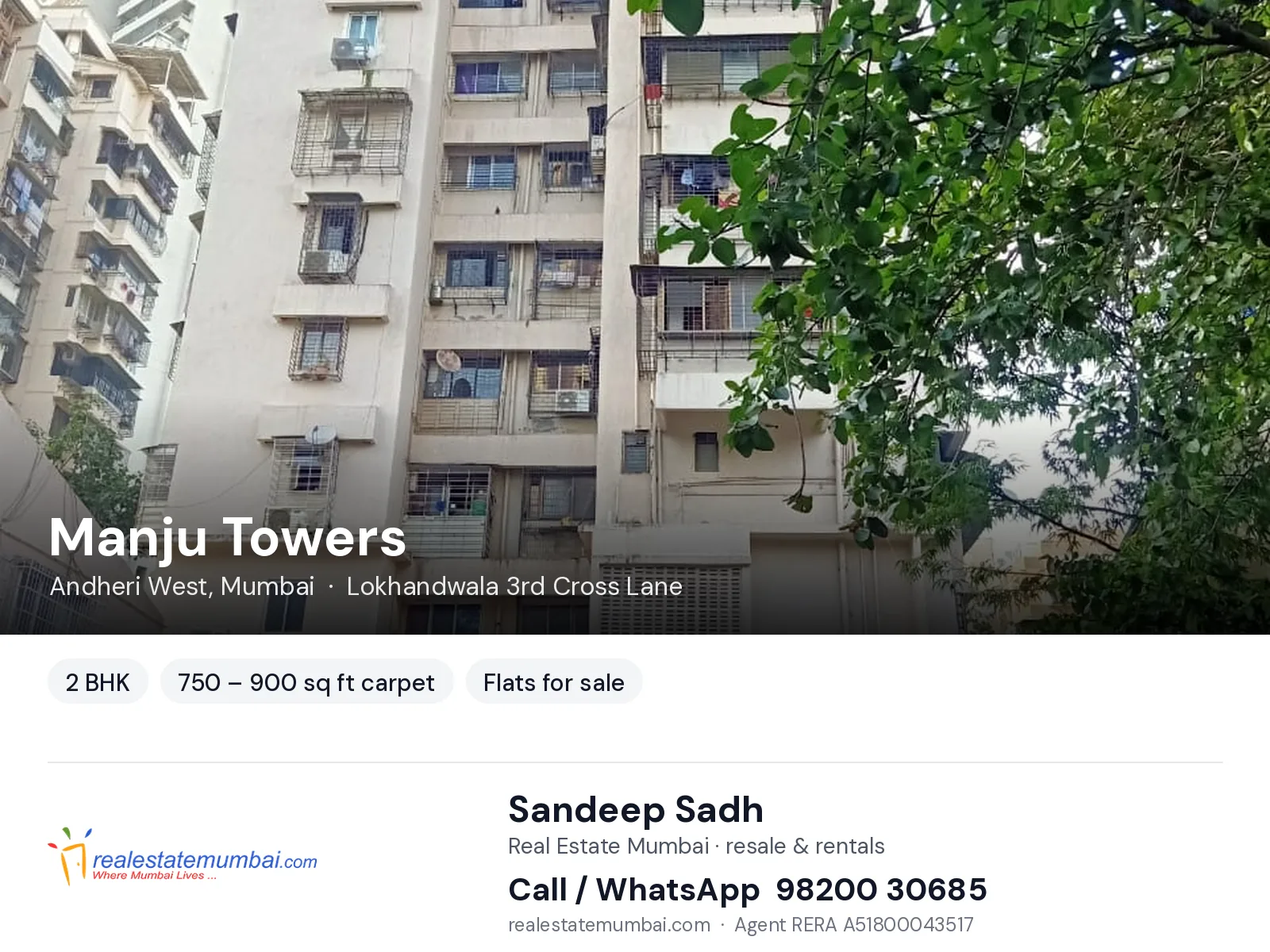 Manju Towers, Andheri West, Mumbai — 2 BHK flats for sale | Real Estate Mumbai, Sandeep Sadh 98200 30685