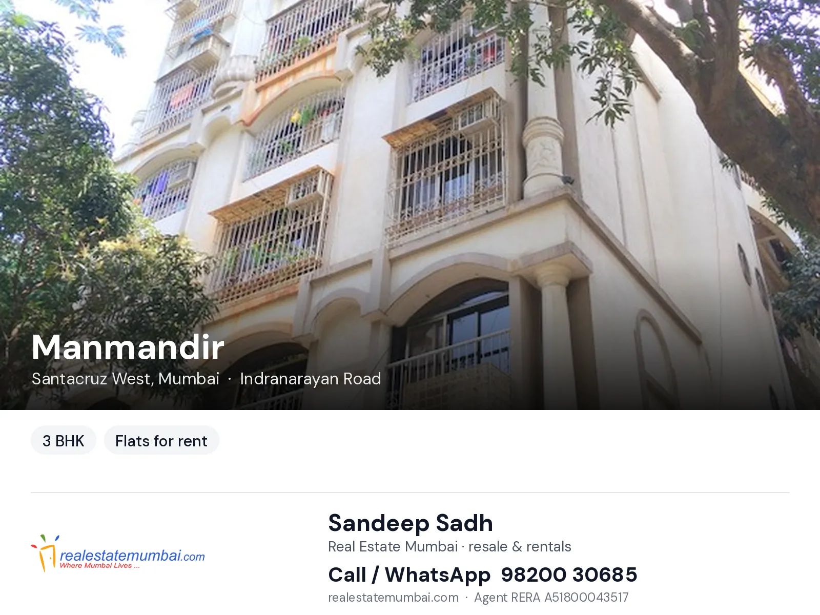 Manmandir, Santacruz West, Mumbai — 3 BHK flats for rent | Real Estate Mumbai, Sandeep Sadh 98200 30685