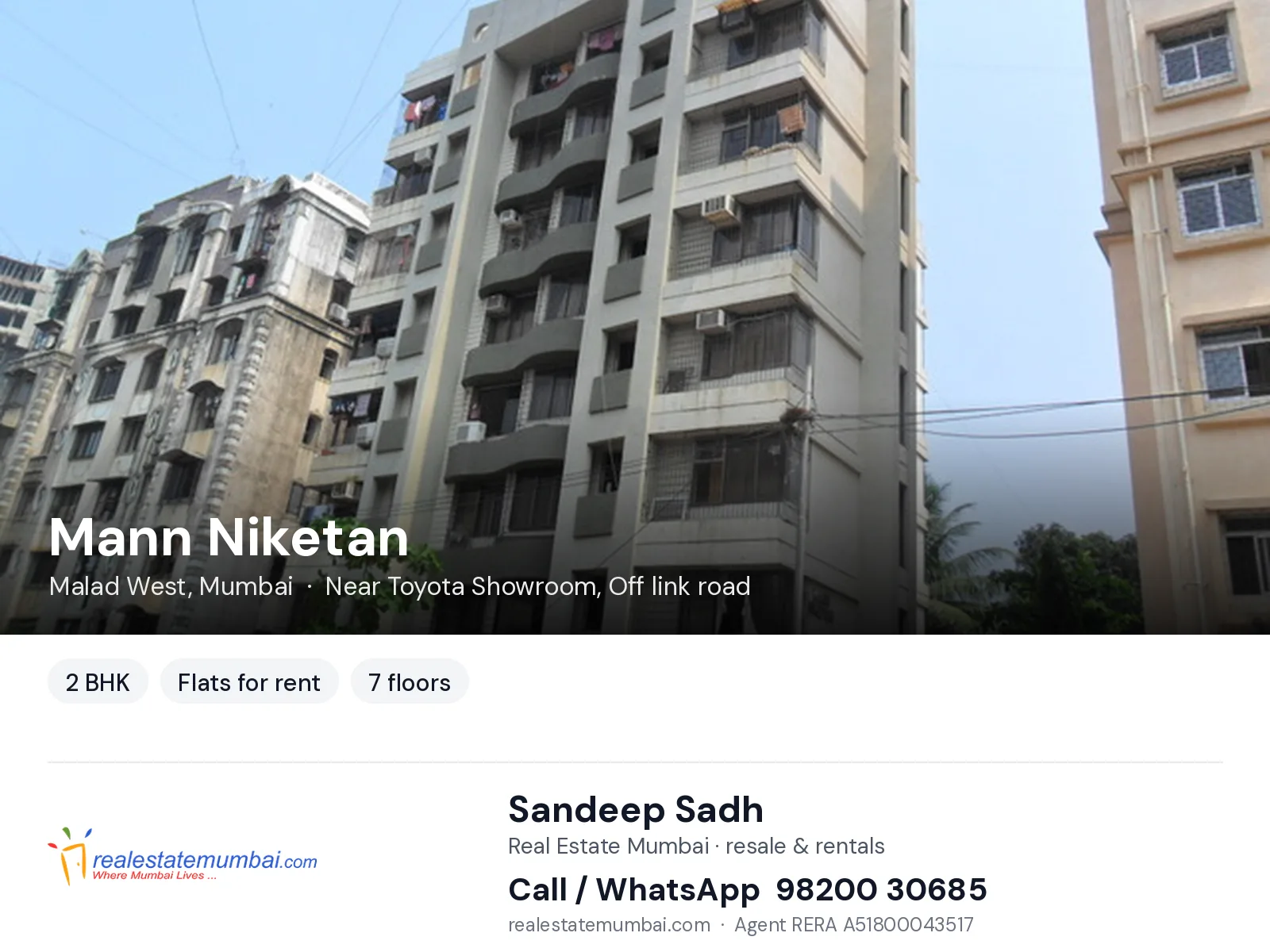 Mann Niketan, Malad West, Mumbai — 2 BHK flats for rent | Real Estate Mumbai, Sandeep Sadh 98200 30685