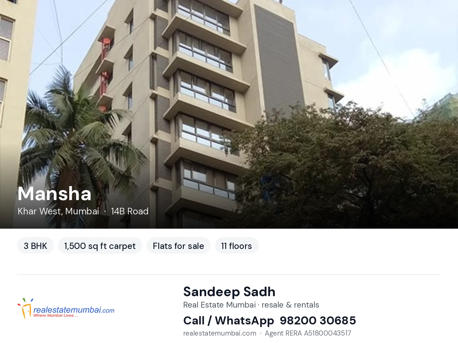 Mansha, Khar West, Mumbai — 3 BHK flats for sale | Real Estate Mumbai, Sandeep Sadh 98200 30685