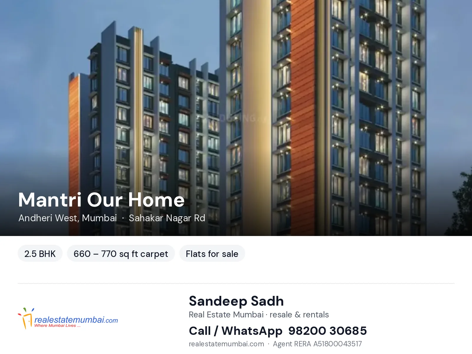 Mantri Our Home, Andheri West, Mumbai — 2.5 BHK flats for sale | Real Estate Mumbai, Sandeep Sadh 98200 30685