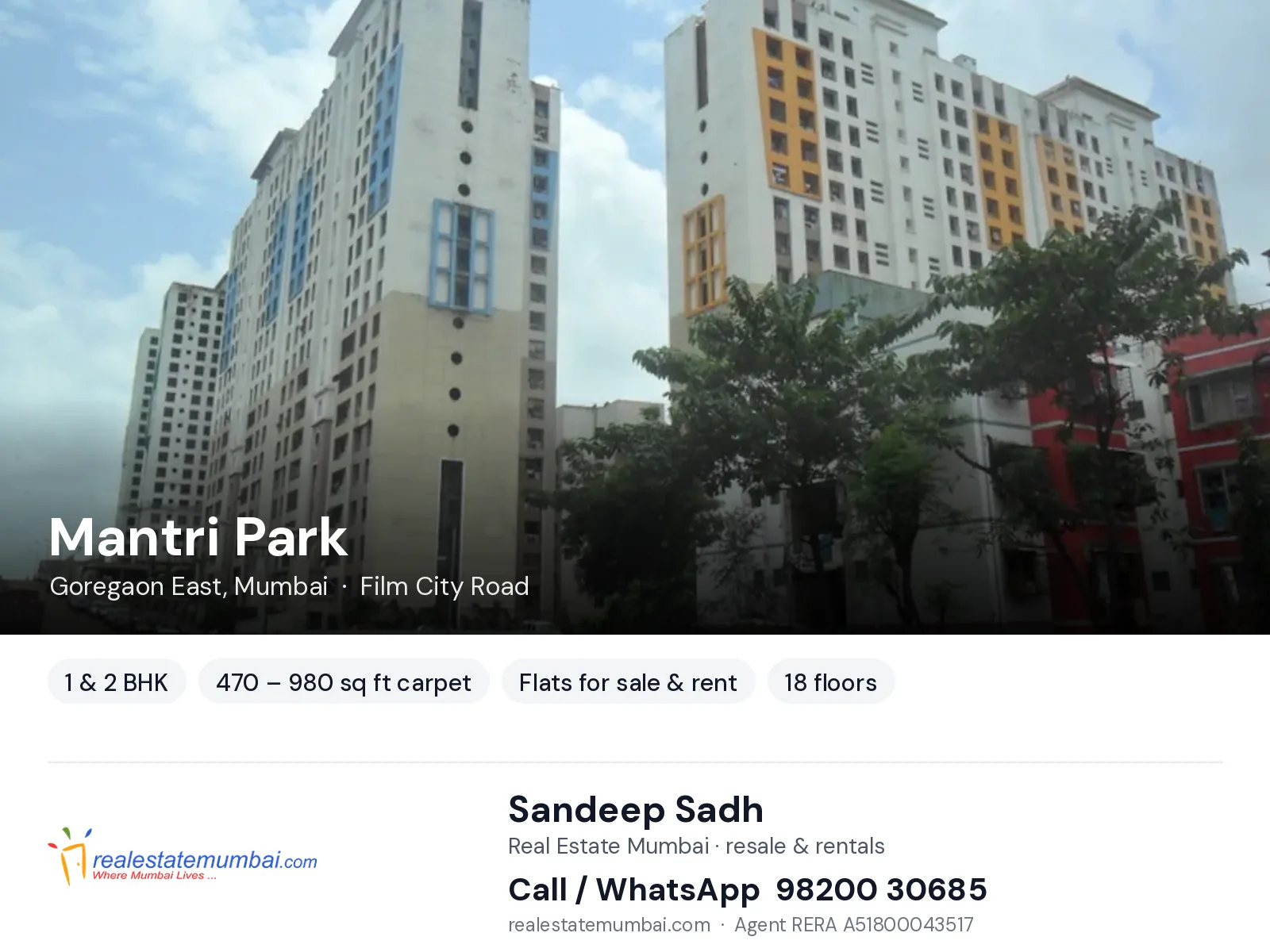 Mantri Park, Goregaon East, Mumbai — 1 & 2 BHK flats for sale & rent | Real Estate Mumbai, Sandeep Sadh 98200 30685