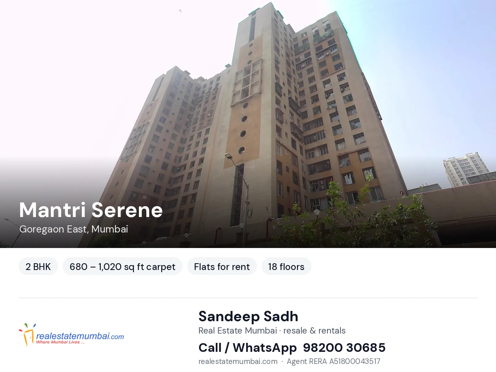 Mantri Serene, Goregaon East, Mumbai — 2 BHK flats for rent | Real Estate Mumbai, Sandeep Sadh 98200 30685