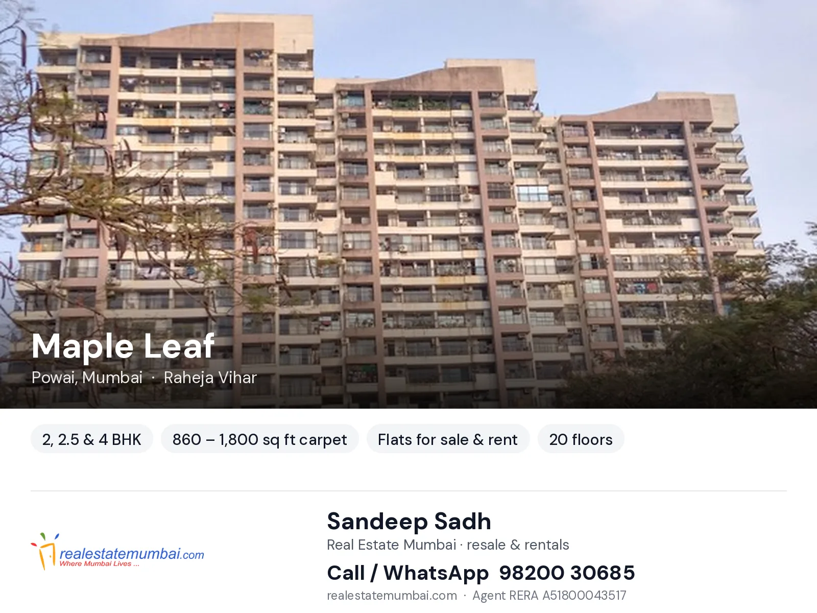 Maple Leaf, Powai, Mumbai — 2, 2.5 & 4 BHK flats for sale & rent | Real Estate Mumbai, Sandeep Sadh 98200 30685