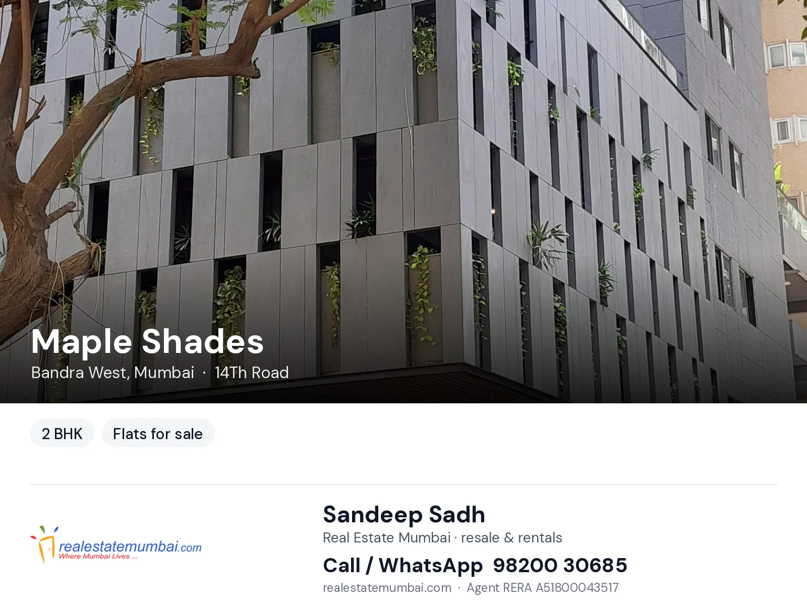 Maple Shades, Bandra West, Mumbai — 2 BHK flats for sale | Real Estate Mumbai, Sandeep Sadh 98200 30685