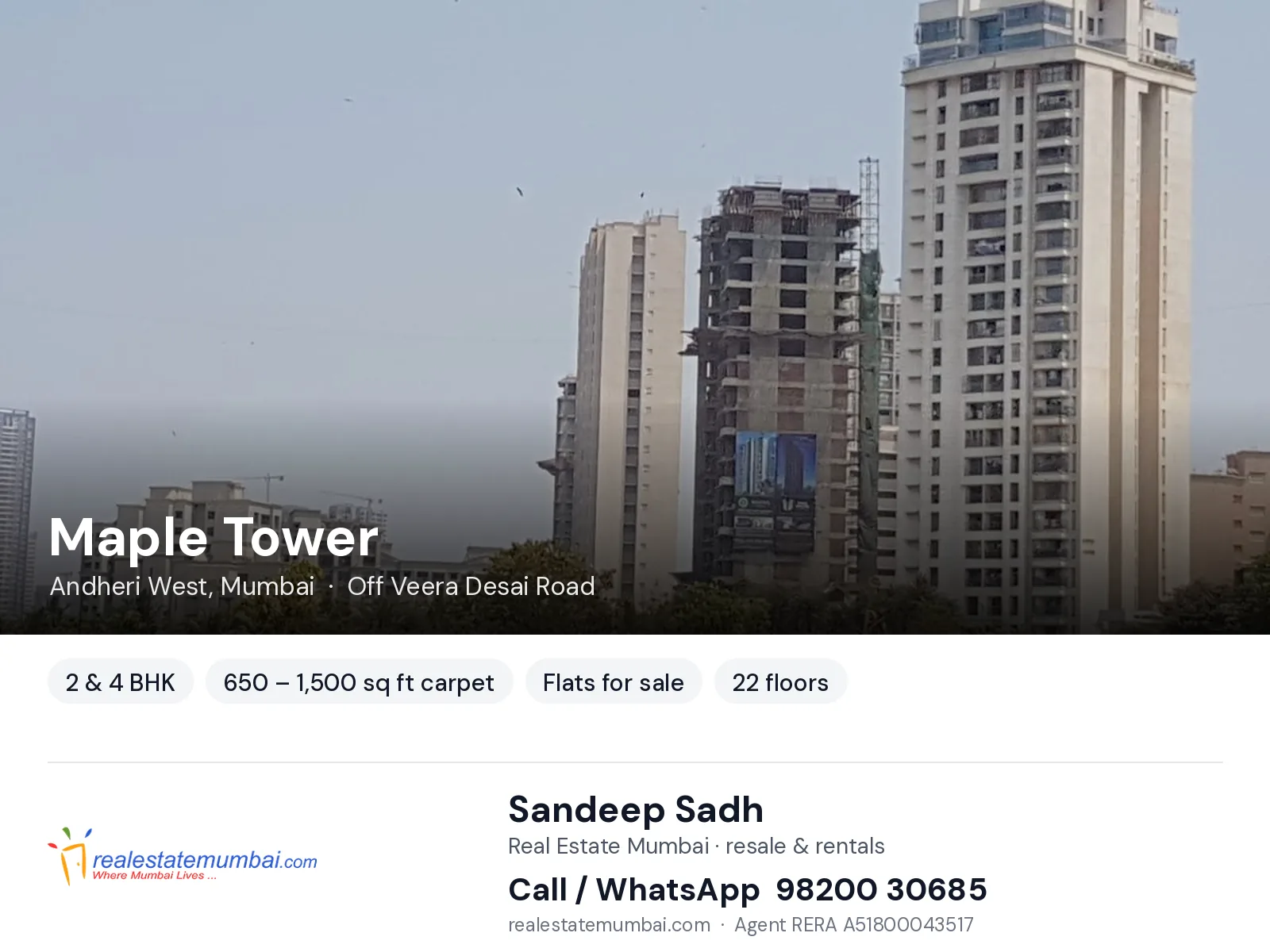 Maple Tower, Andheri West, Mumbai — 2 & 4 BHK flats for sale | Real Estate Mumbai, Sandeep Sadh 98200 30685
