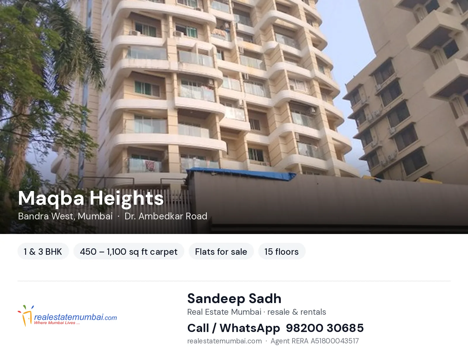 Maqba Heights, Bandra West, Mumbai — 1 & 3 BHK flats for sale | Real Estate Mumbai, Sandeep Sadh 98200 30685