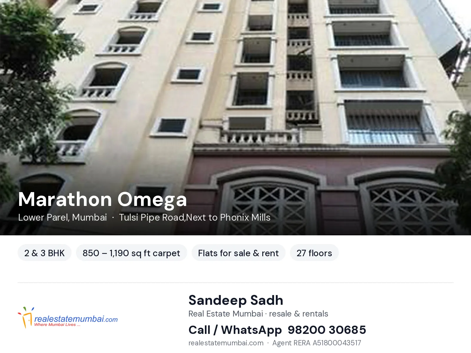 Marathon Omega, Lower Parel, Mumbai — 2 & 3 BHK flats for sale & rent | Real Estate Mumbai, Sandeep Sadh 98200 30685
