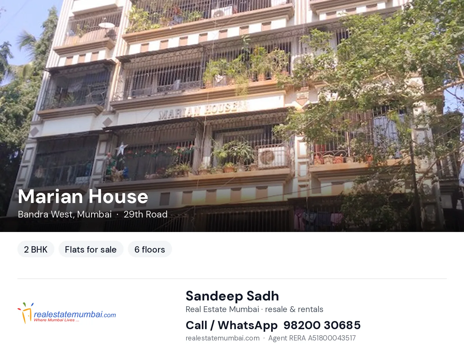 Marian House, Bandra West, Mumbai — 2 BHK flats for sale | Real Estate Mumbai, Sandeep Sadh 98200 30685