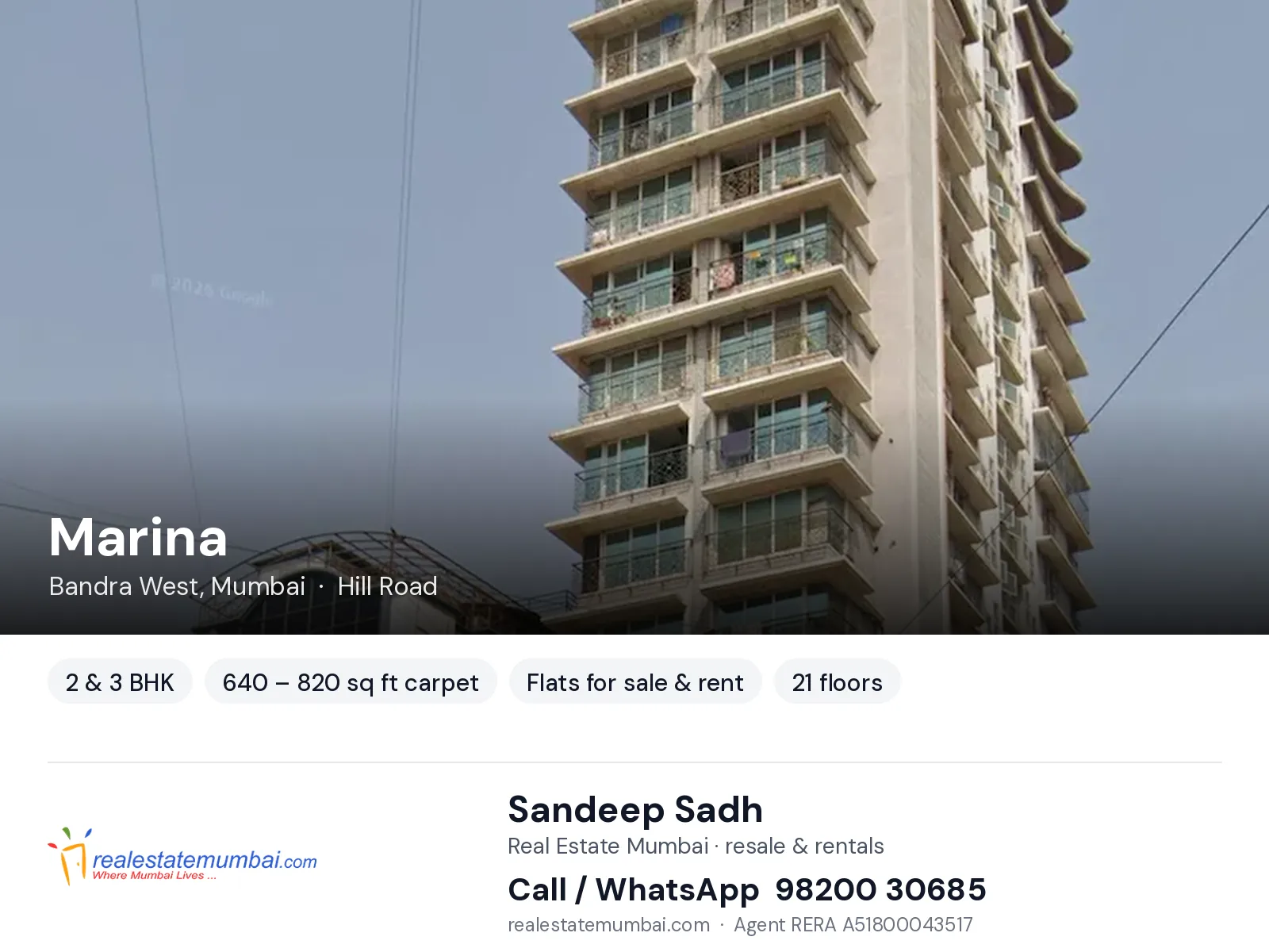Marina, Bandra West, Mumbai — 2 & 3 BHK flats for sale & rent | Real Estate Mumbai, Sandeep Sadh 98200 30685
