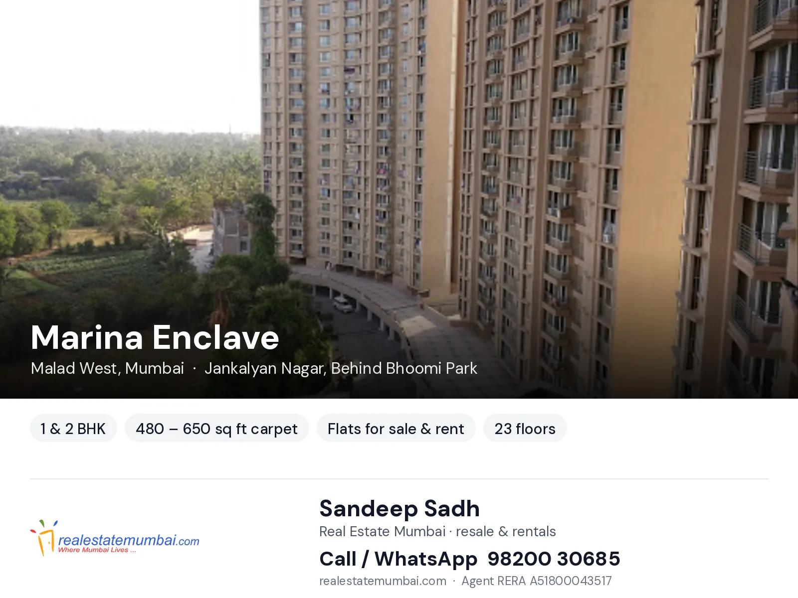 Marina Enclave, Malad West, Mumbai — 1 & 2 BHK flats for sale & rent | Real Estate Mumbai, Sandeep Sadh 98200 30685