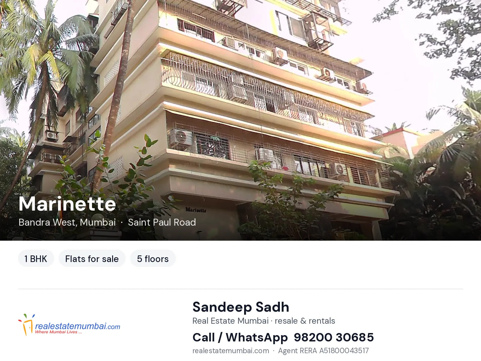 Marinette, Bandra West, Mumbai — 1 BHK flats for sale | Real Estate Mumbai, Sandeep Sadh 98200 30685