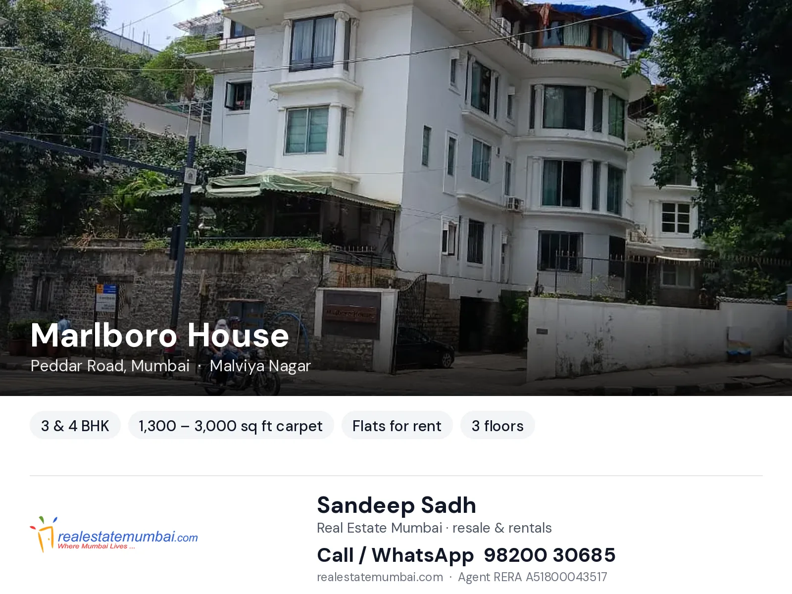 Marlboro House, Peddar Road, Mumbai — 3 & 4 BHK flats for rent | Real Estate Mumbai, Sandeep Sadh 98200 30685