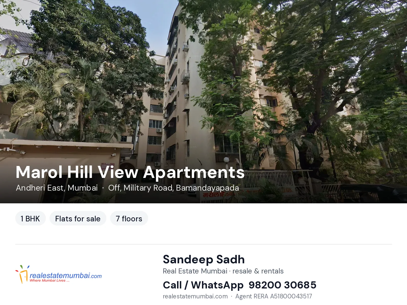Marol Hill View Apartments, Andheri East, Mumbai — 1 BHK flats for sale | Real Estate Mumbai, Sandeep Sadh 98200 30685