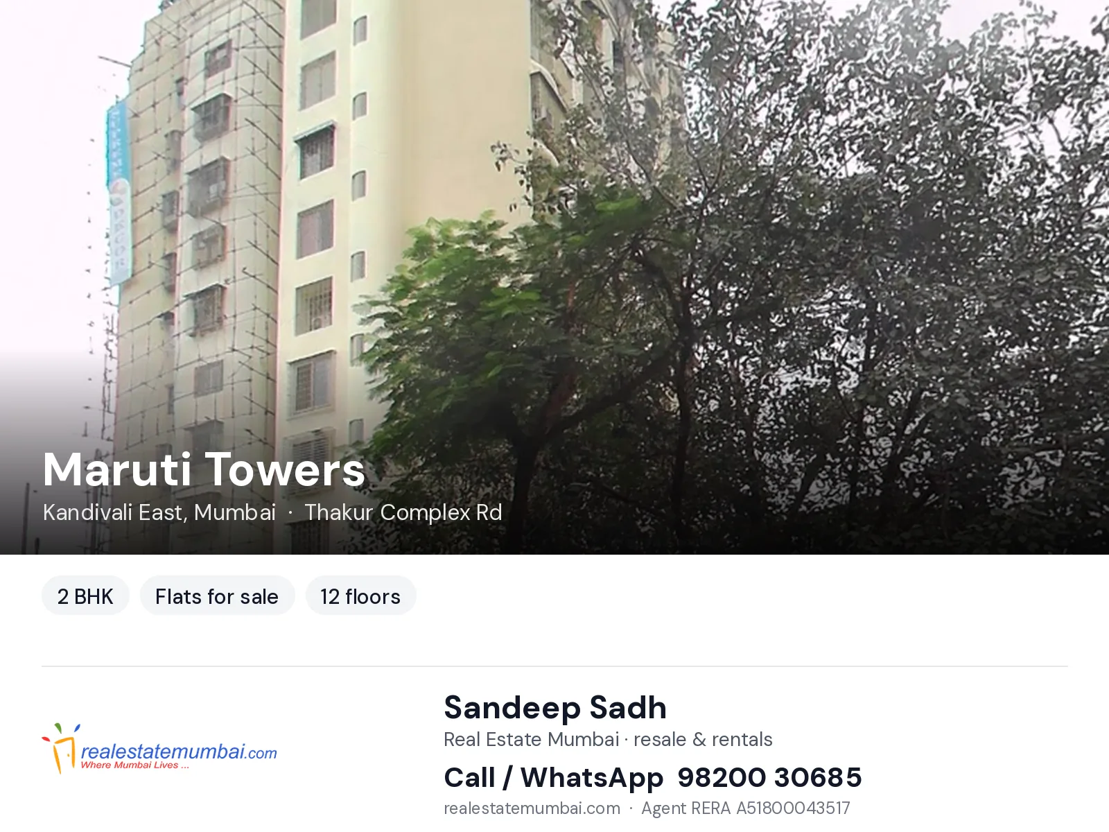 Maruti Towers, Kandivali East, Mumbai — 2 BHK flats for sale | Real Estate Mumbai, Sandeep Sadh 98200 30685