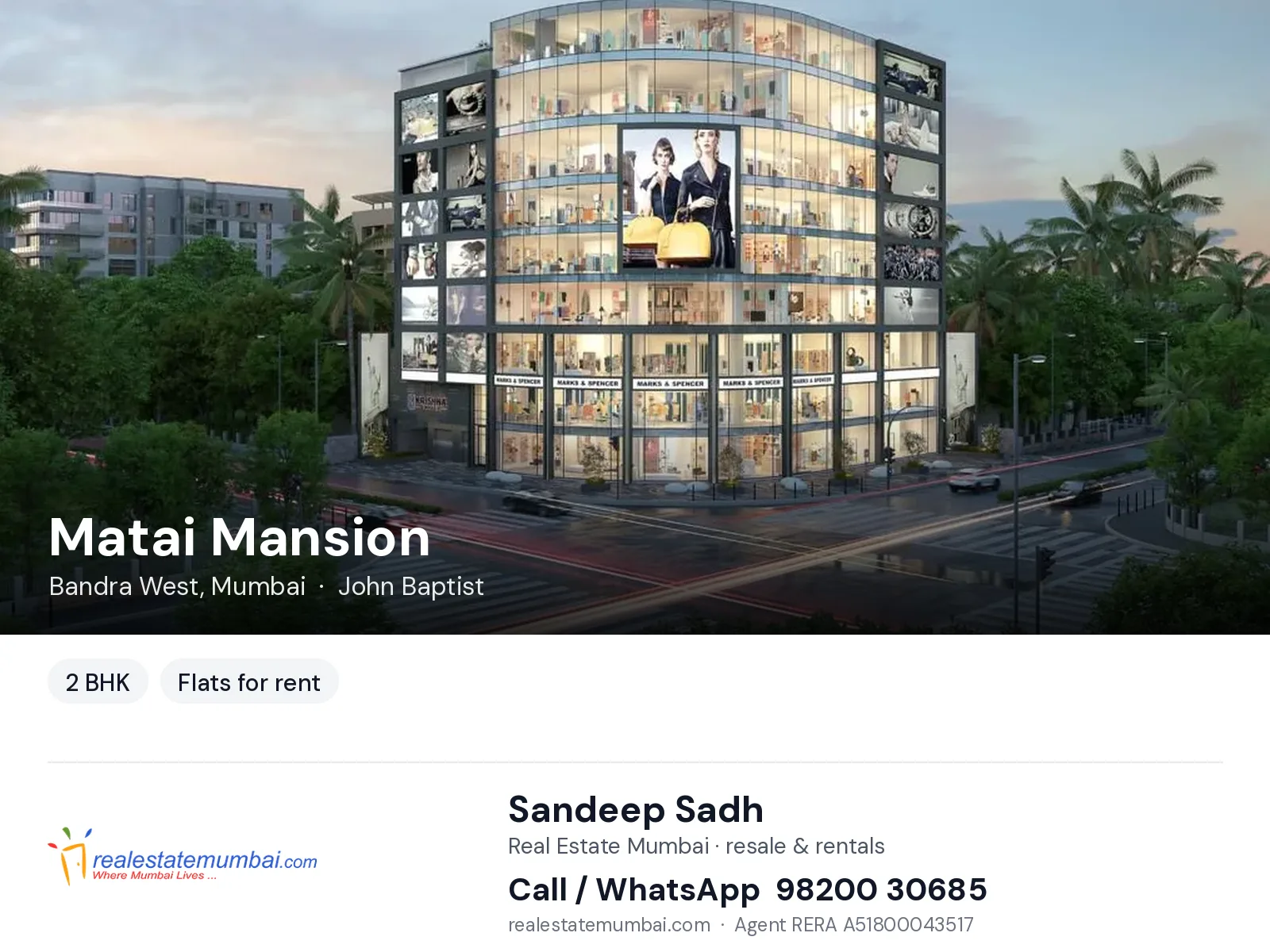 Matai Mansion, Bandra West, Mumbai — 2 BHK flats for rent | Real Estate Mumbai, Sandeep Sadh 98200 30685