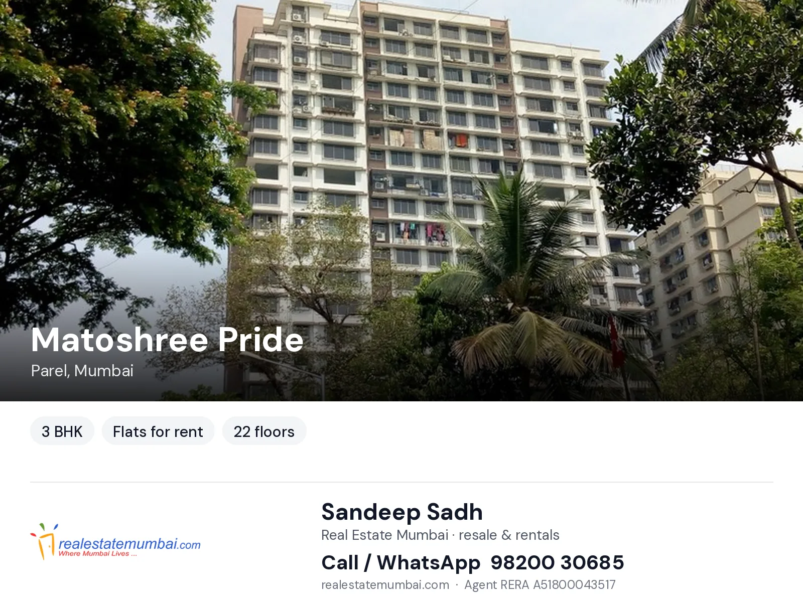 Matoshree Pride, Parel, Mumbai — 3 BHK flats for rent | Real Estate Mumbai, Sandeep Sadh 98200 30685
