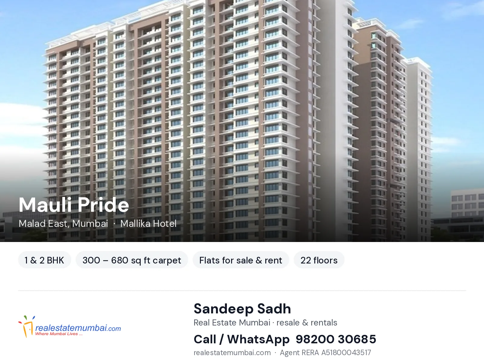Mauli Pride, Malad East, Mumbai — 1 & 2 BHK flats for sale & rent | Real Estate Mumbai, Sandeep Sadh 98200 30685