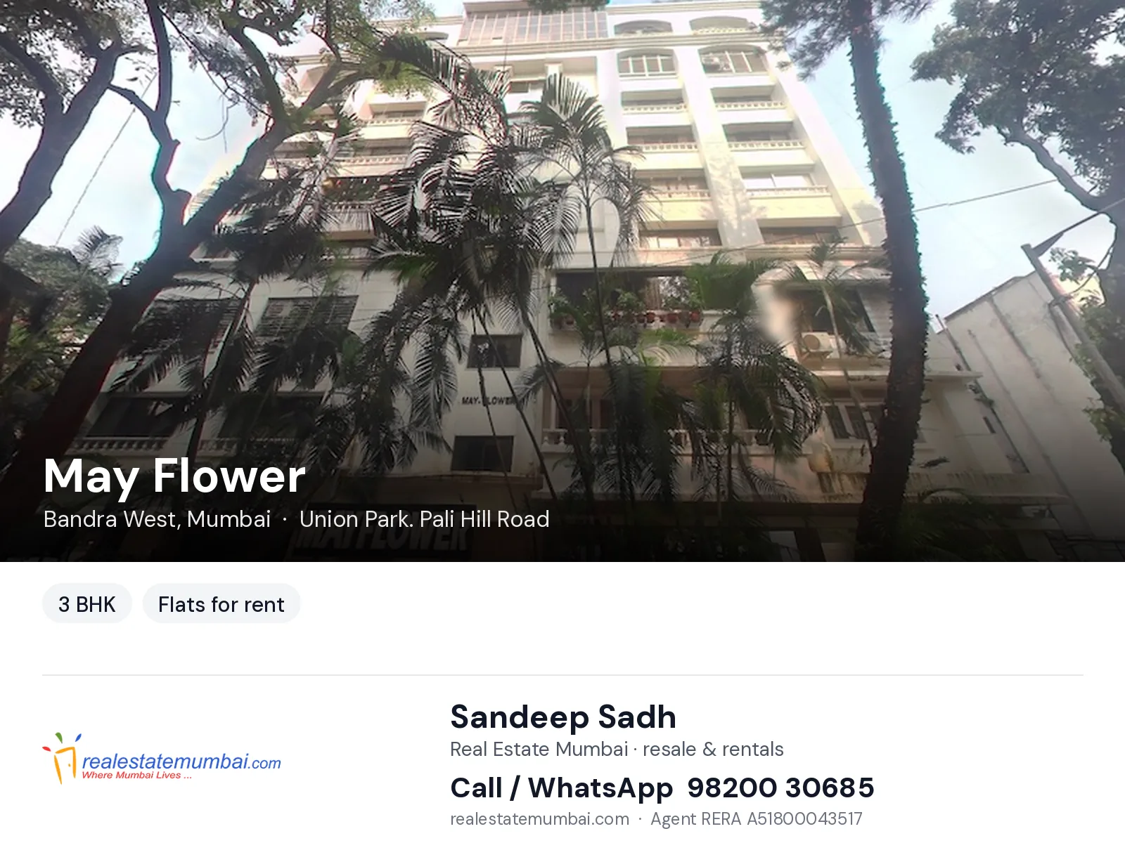 May Flower, Bandra West, Mumbai — 3 BHK flats for rent | Real Estate Mumbai, Sandeep Sadh 98200 30685
