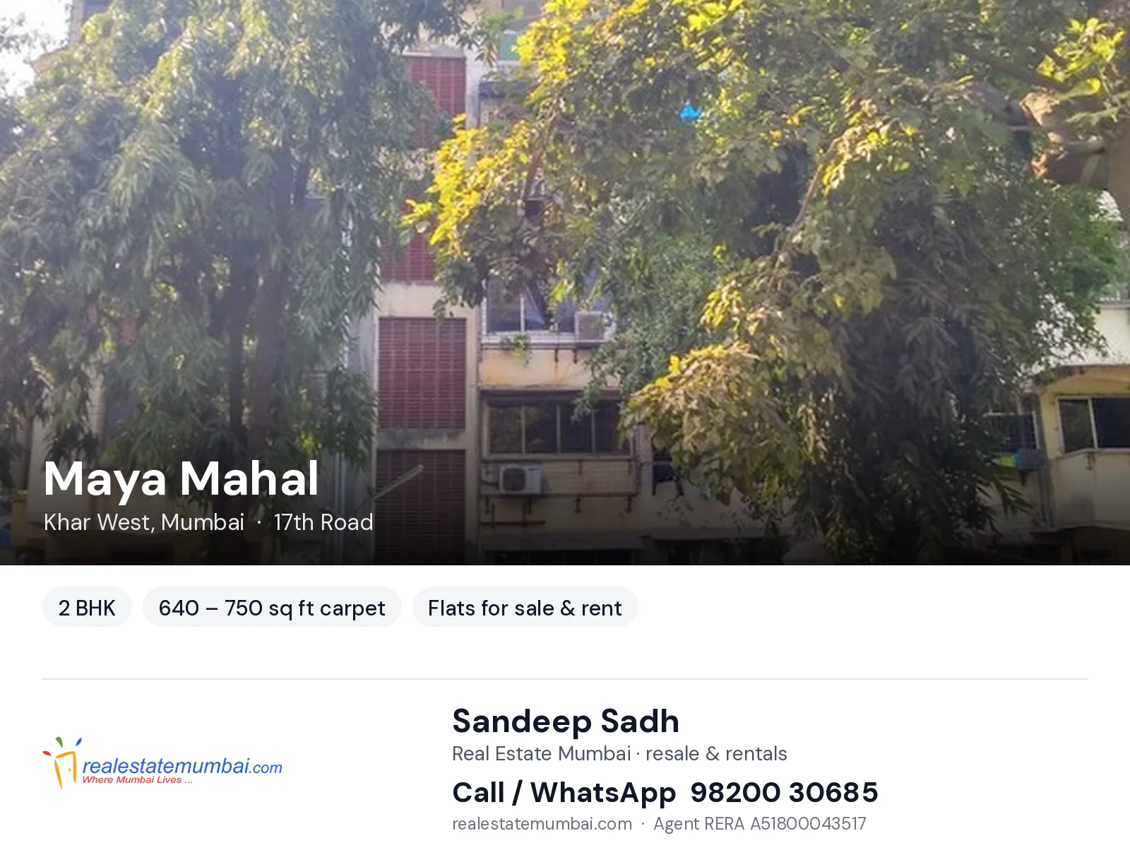 Maya Mahal, Khar West, Mumbai — 2 BHK flats for sale & rent | Real Estate Mumbai, Sandeep Sadh 98200 30685
