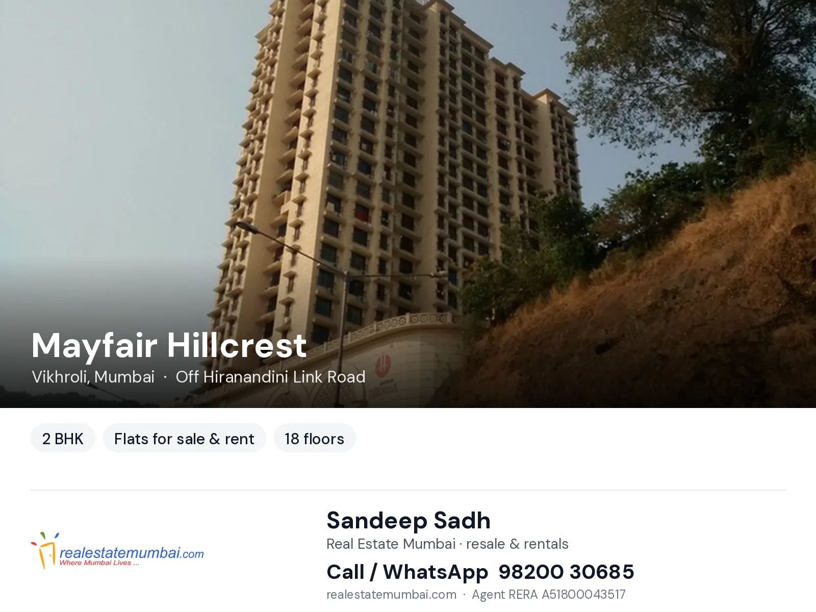 Mayfair Hillcrest, Vikhroli, Mumbai — 2 BHK flats for sale & rent | Real Estate Mumbai, Sandeep Sadh 98200 30685