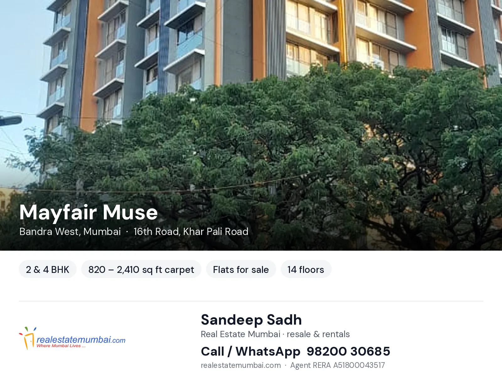 Mayfair Muse, Bandra West, Mumbai — 2 & 4 BHK flats for sale | Real Estate Mumbai, Sandeep Sadh 98200 30685