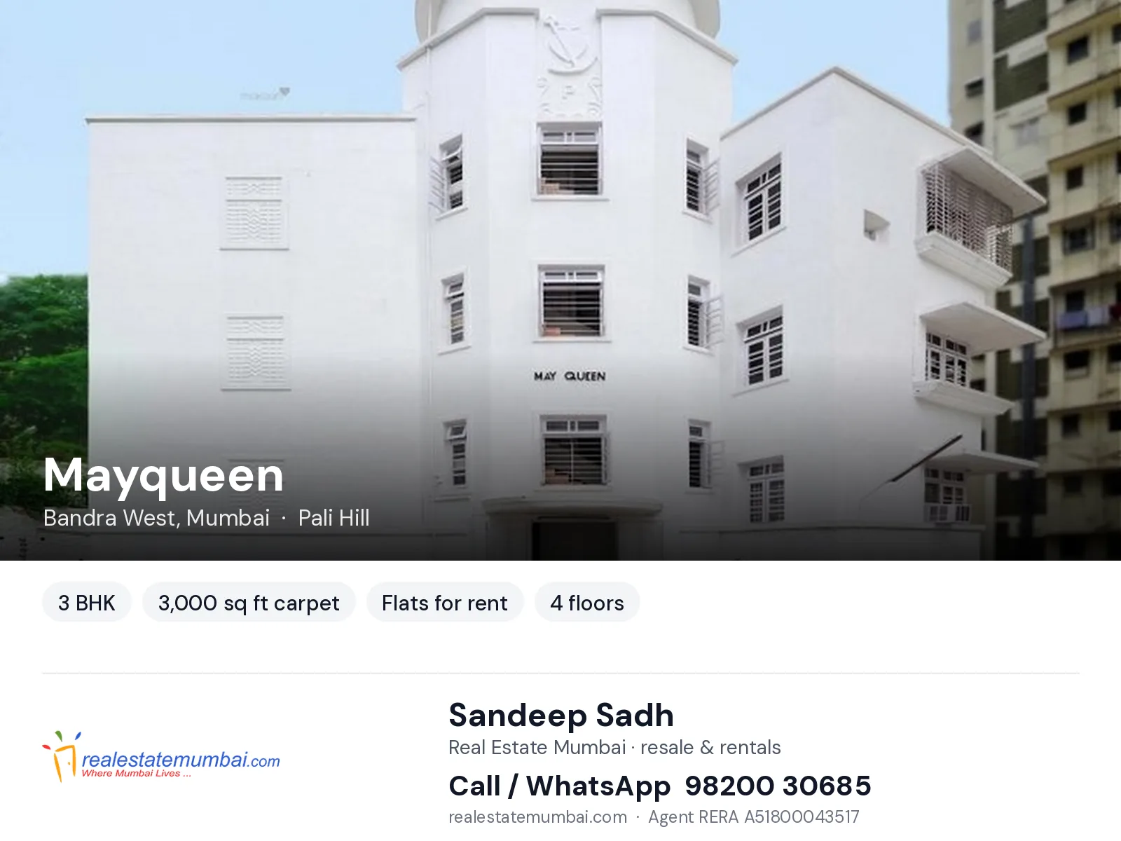 Mayqueen, Bandra West, Mumbai — 3 BHK flats for rent | Real Estate Mumbai, Sandeep Sadh 98200 30685