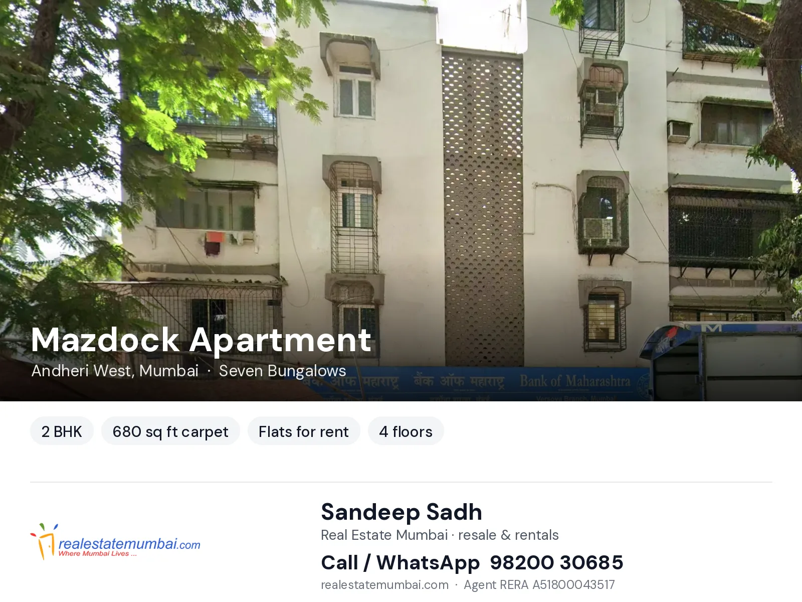 Mazdock Apartment, Andheri West, Mumbai — 2 BHK flats for rent | Real Estate Mumbai, Sandeep Sadh 98200 30685