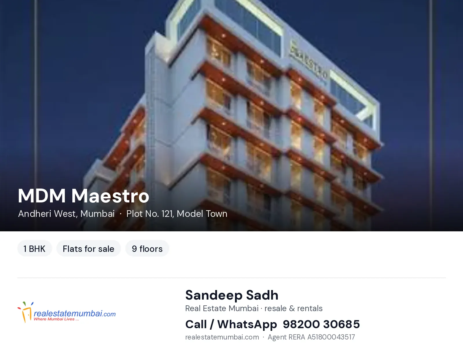 MDM Maestro, Andheri West, Mumbai — 1 BHK flats for sale | Real Estate Mumbai, Sandeep Sadh 98200 30685