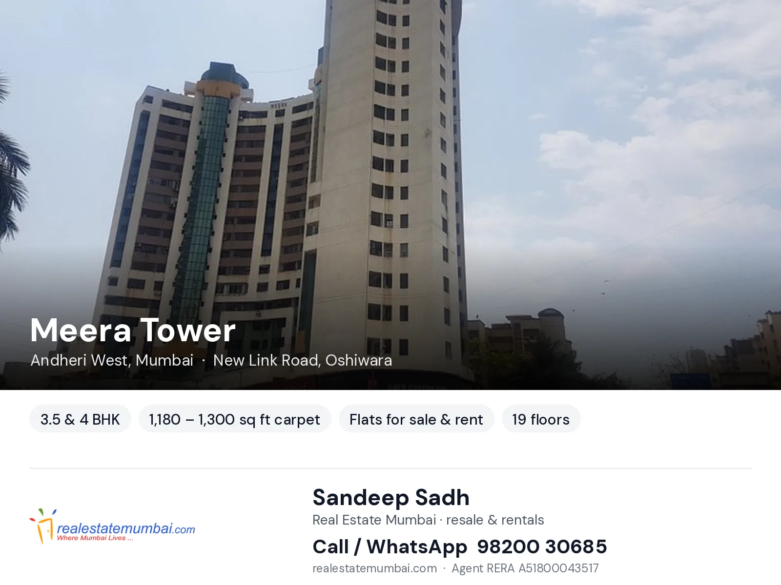 Meera Tower, Andheri West, Mumbai — 3.5 & 4 BHK flats for sale & rent | Real Estate Mumbai, Sandeep Sadh 98200 30685