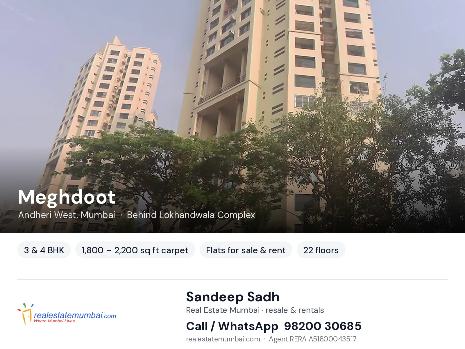 Meghdoot, Andheri West, Mumbai — 3 & 4 BHK flats for sale & rent | Real Estate Mumbai, Sandeep Sadh 98200 30685