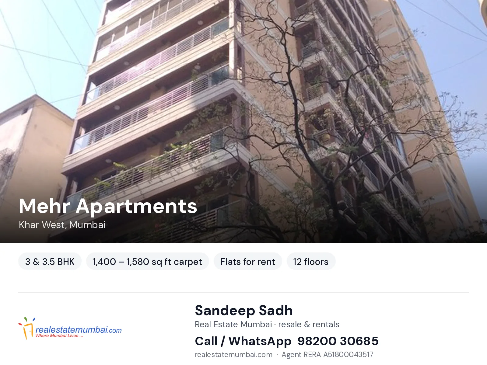 Mehr Apartments, Khar West, Mumbai — 3 & 3.5 BHK flats for rent | Real Estate Mumbai, Sandeep Sadh 98200 30685