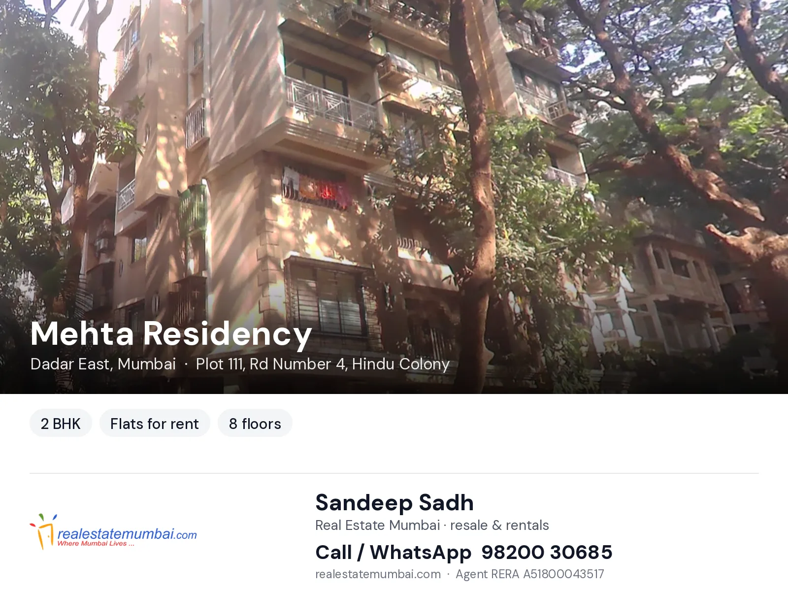 Mehta Residency, Dadar East, Mumbai — 2 BHK flats for rent | Real Estate Mumbai, Sandeep Sadh 98200 30685