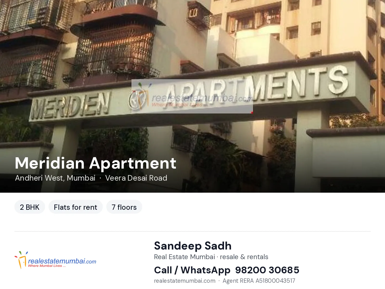 Meridian Apartment, Andheri West, Mumbai — 2 BHK flats for rent | Real Estate Mumbai, Sandeep Sadh 98200 30685