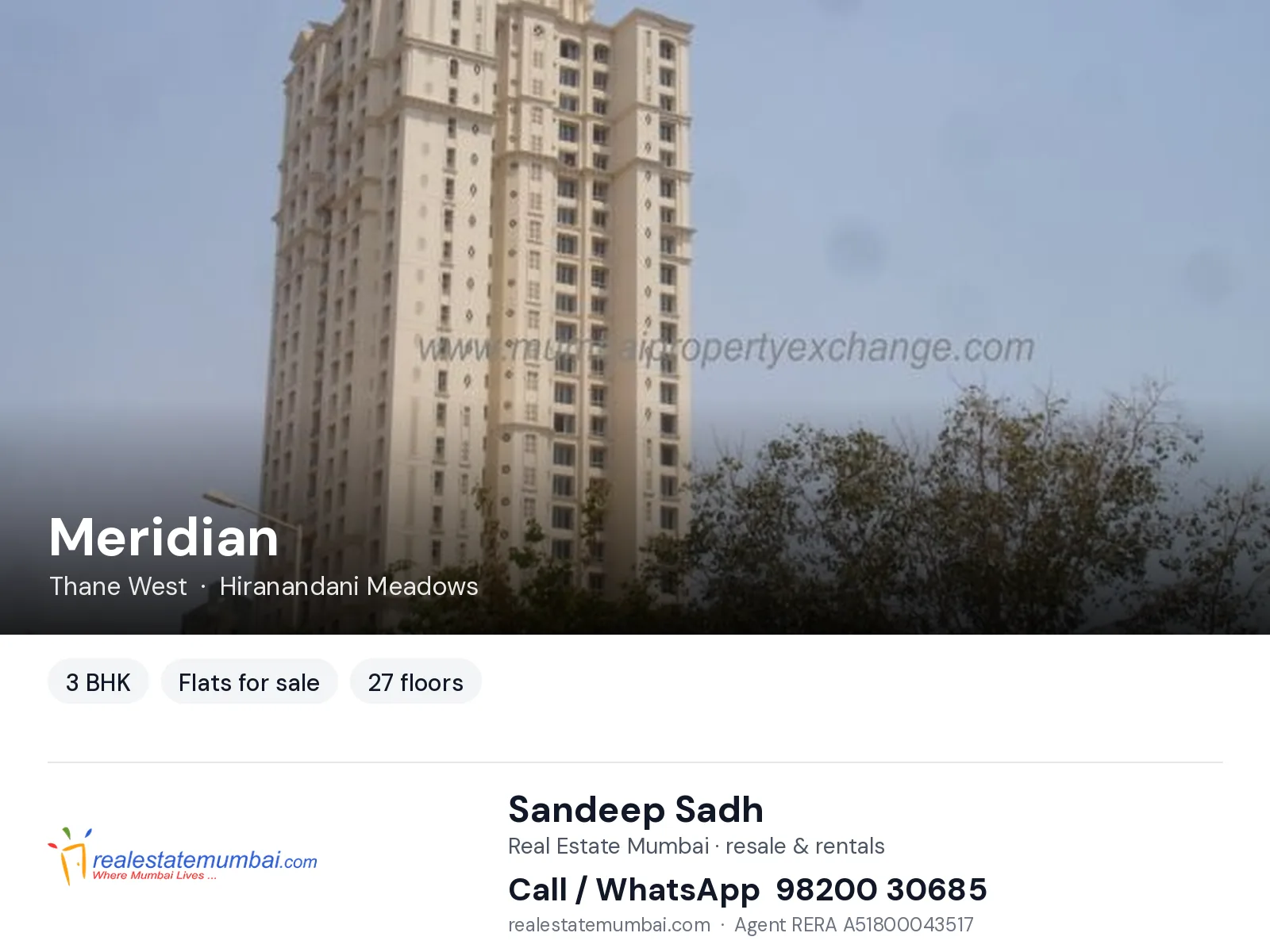 Meridian, Thane West — 3 BHK flats for sale | Real Estate Mumbai, Sandeep Sadh 98200 30685