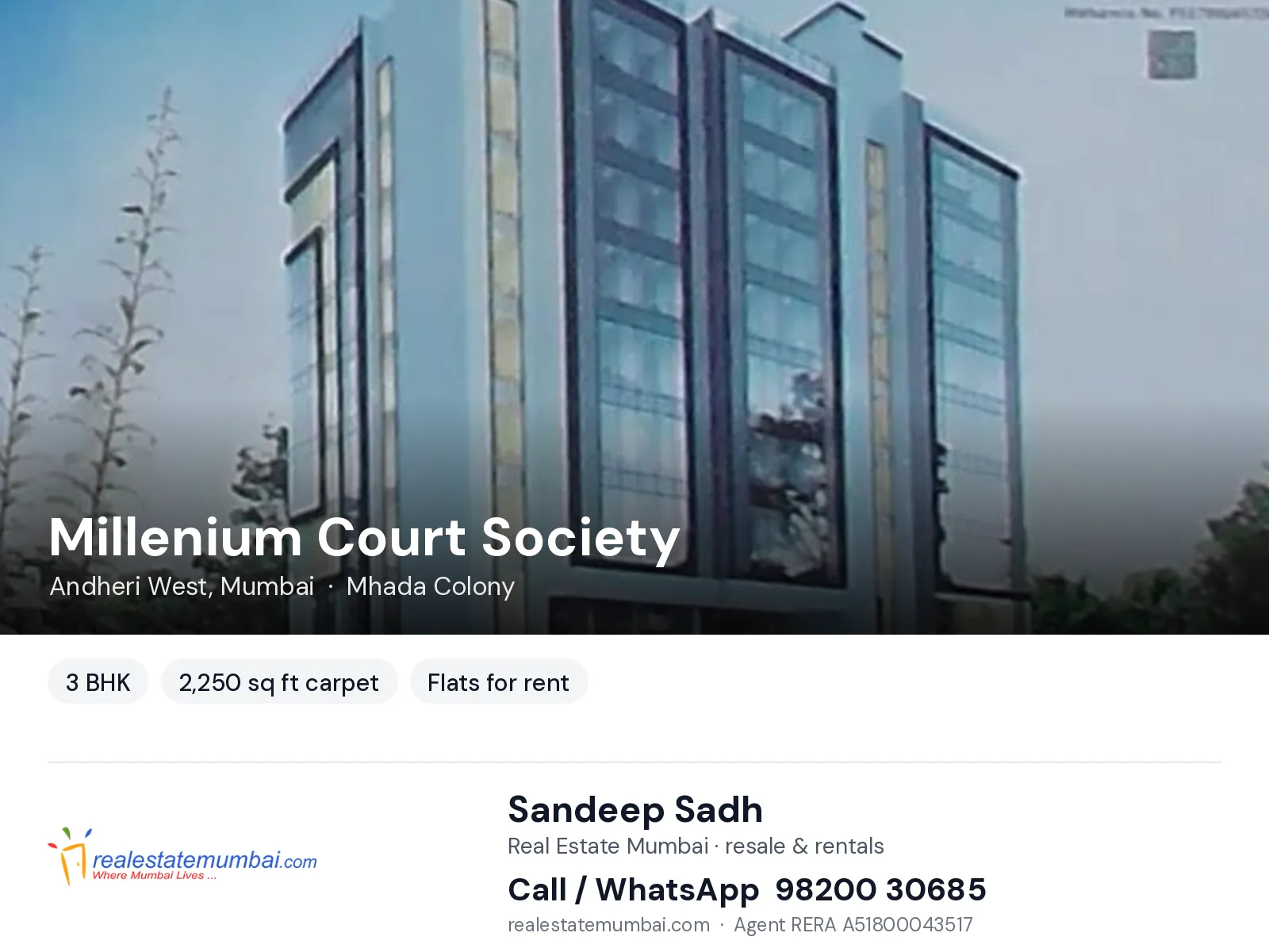 Millenium Court Society, Andheri West, Mumbai — 3 BHK flats for rent | Real Estate Mumbai, Sandeep Sadh 98200 30685