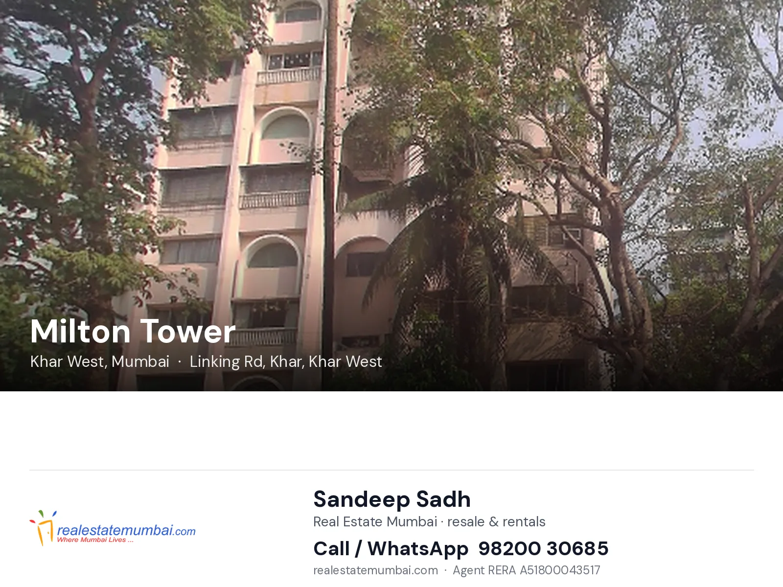Milton Tower, Khar West, Mumbai — flats | Real Estate Mumbai, Sandeep Sadh 98200 30685