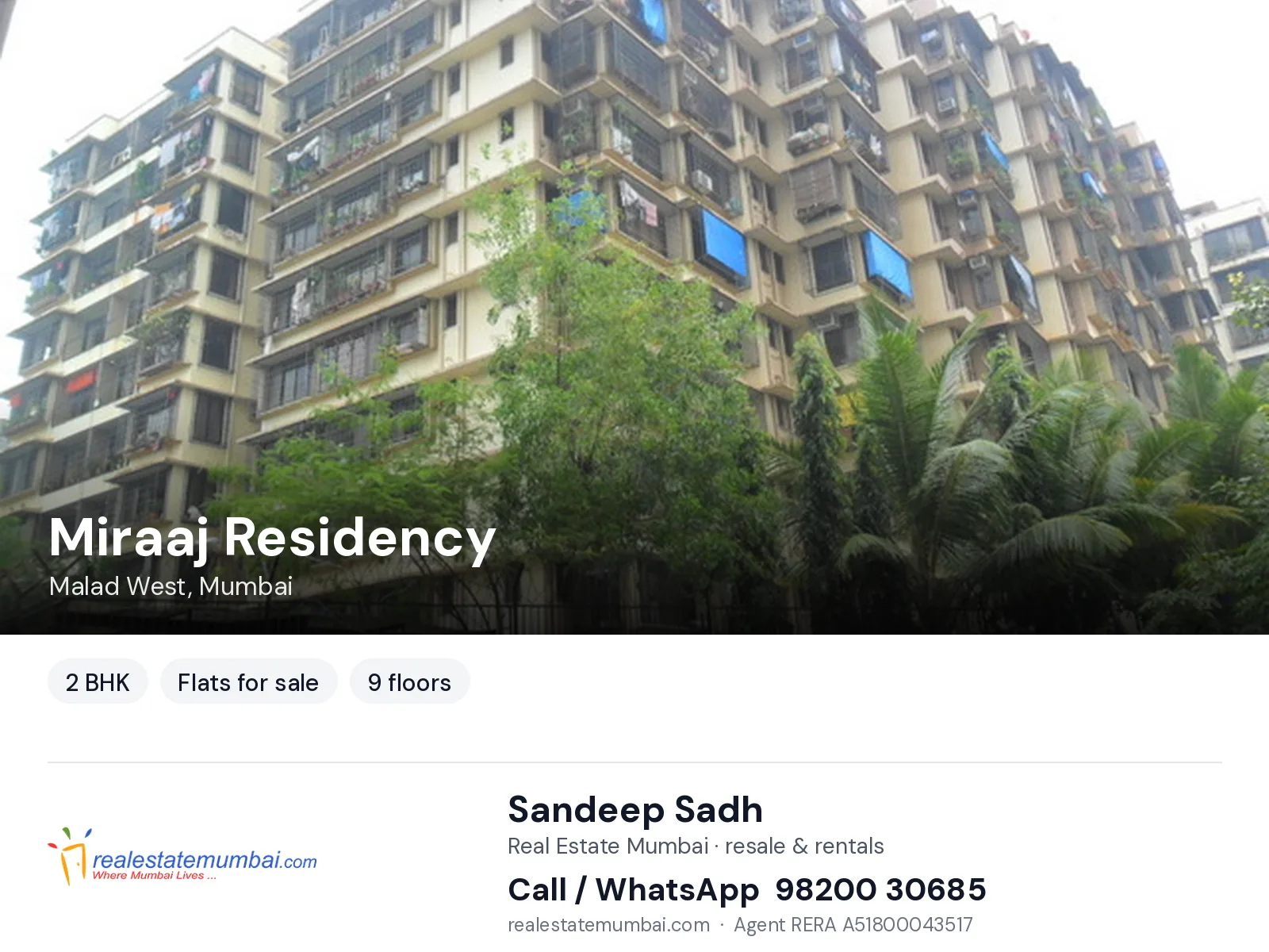 Miraaj Residency, Malad West, Mumbai — 2 BHK flats for sale | Real Estate Mumbai, Sandeep Sadh 98200 30685