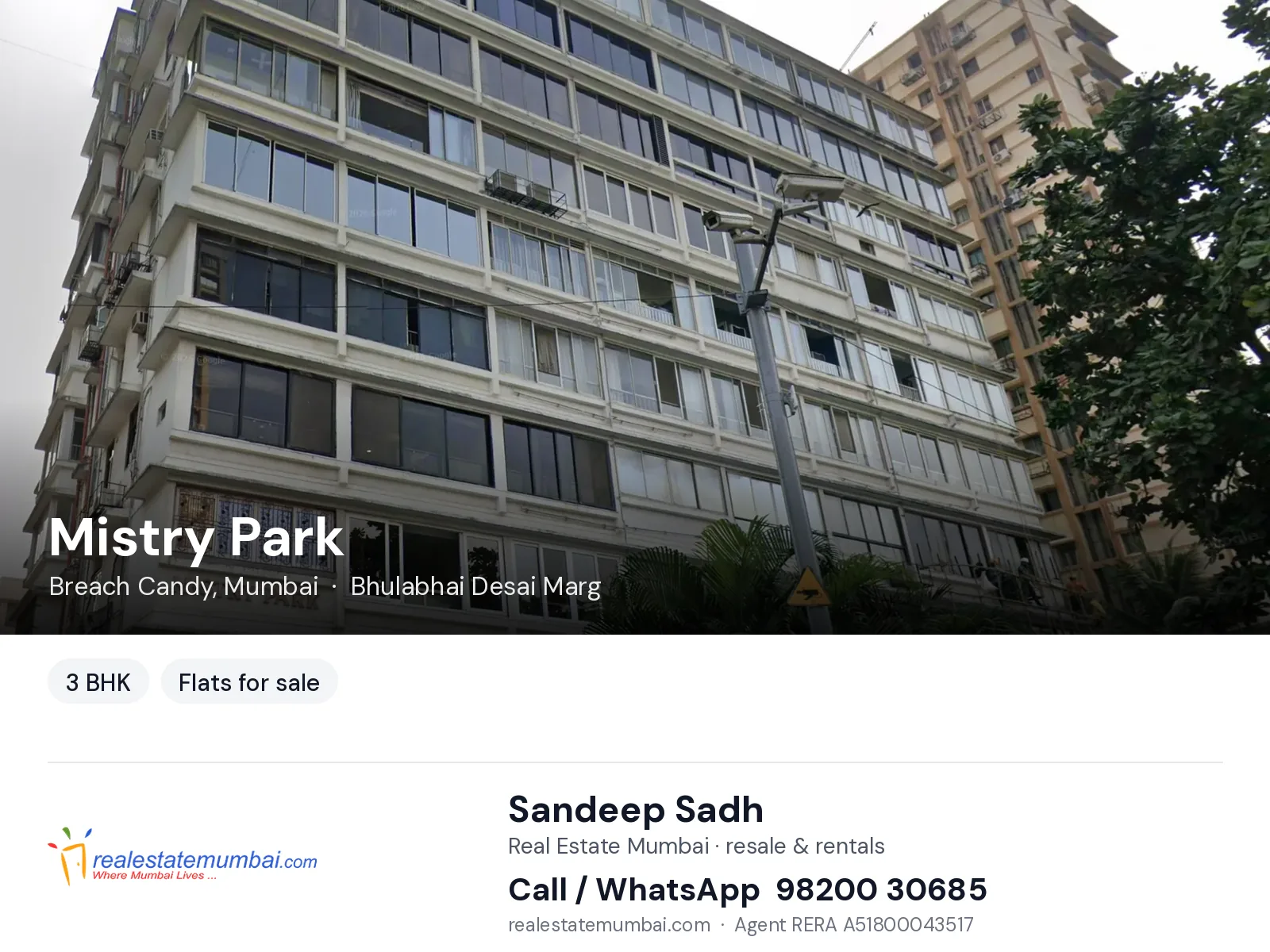 Mistry Park, Breach Candy, Mumbai — 3 BHK flats for sale | Real Estate Mumbai, Sandeep Sadh 98200 30685
