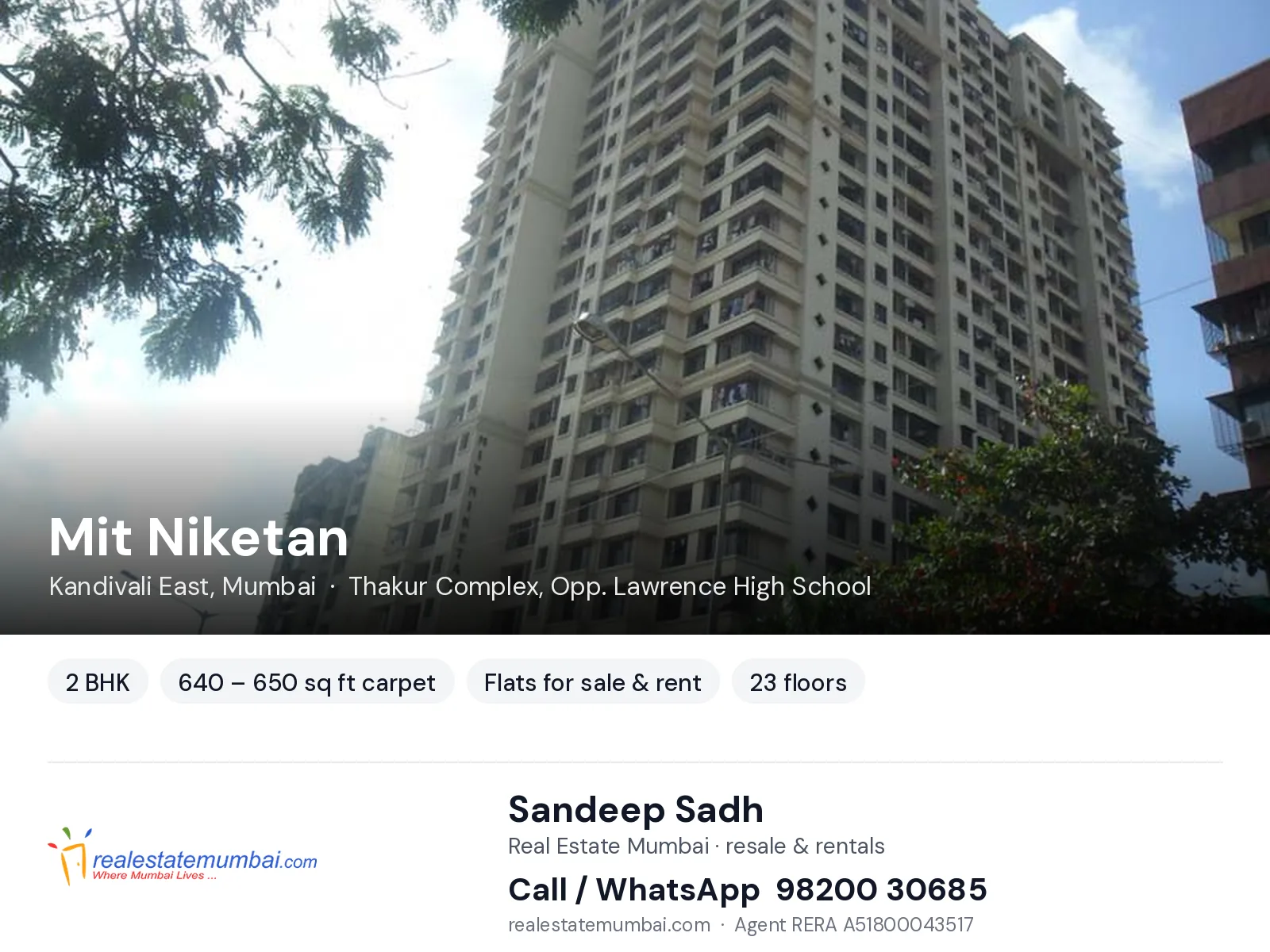 Mit Niketan, Kandivali East, Mumbai — 2 BHK flats for sale & rent | Real Estate Mumbai, Sandeep Sadh 98200 30685