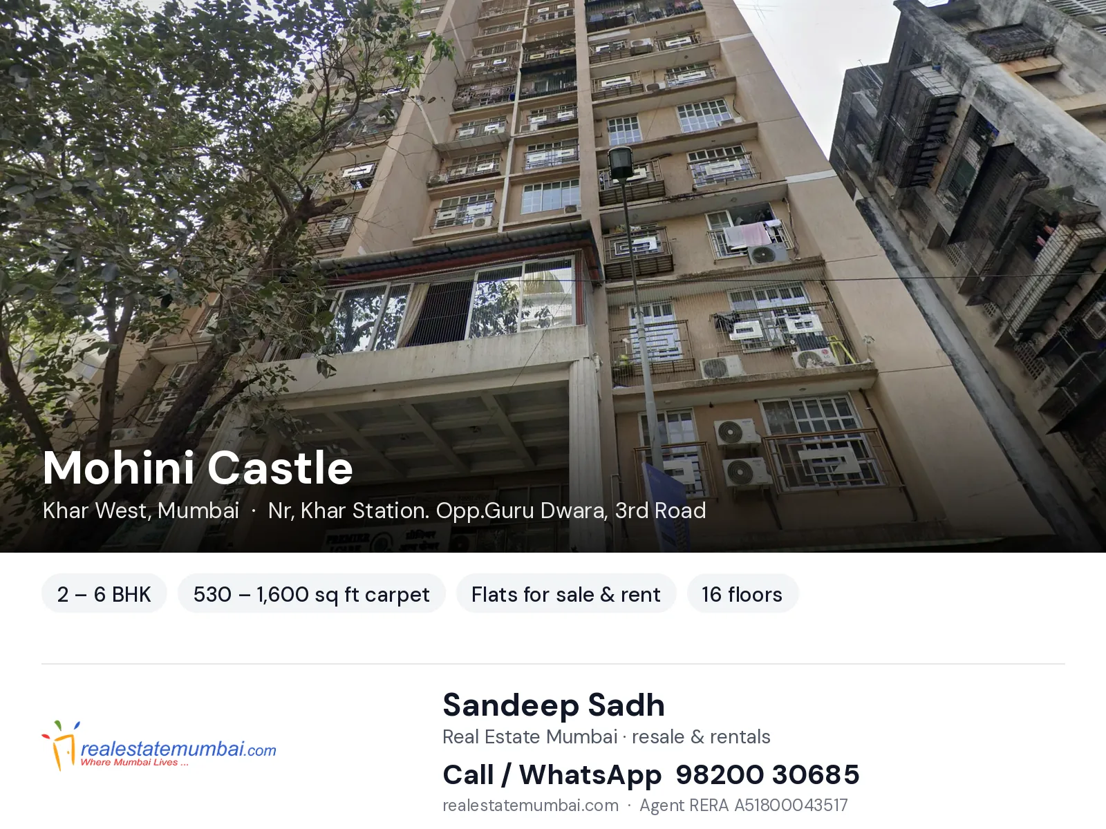 Mohini Castle, Khar West, Mumbai — 2 – 6 BHK flats for sale & rent | Real Estate Mumbai, Sandeep Sadh 98200 30685