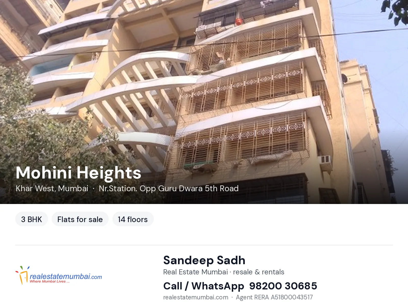 Mohini Heights, Khar West, Mumbai — 3 BHK flats for sale | Real Estate Mumbai, Sandeep Sadh 98200 30685